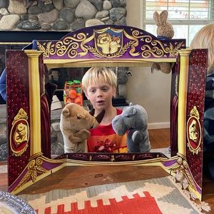 Restoration hardware puppet theatre with 5 animal puppets